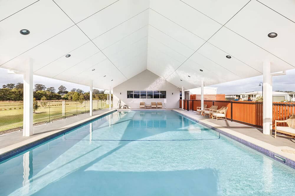 View from one end of a pool under cover.