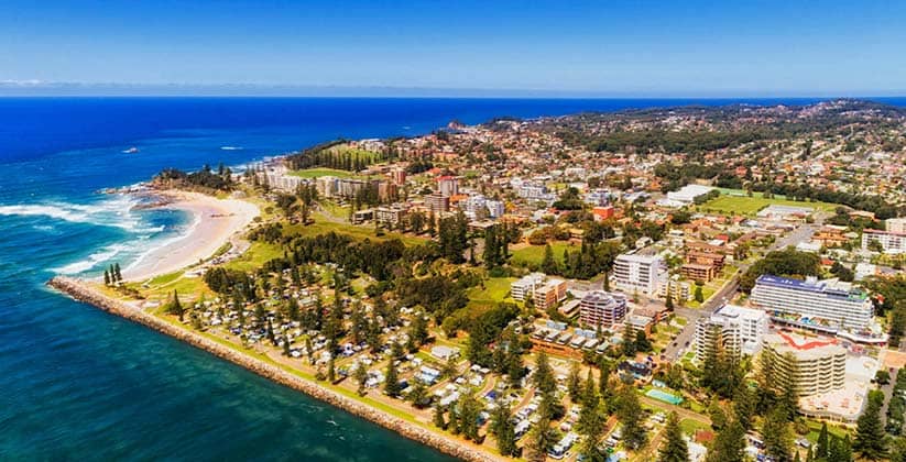 Stunning aerial view of Port Macquarie breakwall and beach