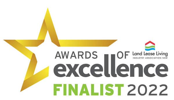 Awards of Excellence finalist logo with gold start and Land Lease Living icon