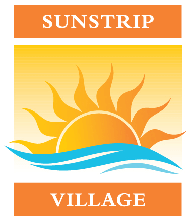 Sunstrip Village logo. Animated orange sun and blue water.
